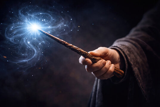 Magic wand casting spell with blue glowing light
