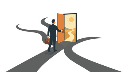 A businessman stands in front of an open door with multiple paths ahead.