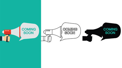 A creative illustration of three megaphones announcing something coming soon in different colors