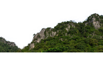 A beautiful summer mountain landscape features green pine trees and lush forests under a blue sky with white clouds over a tranquil nature environment