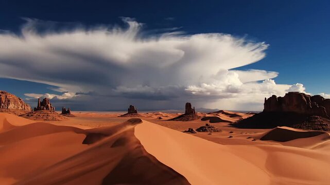 Desert landscape under dramatic cloudy sky with sand dunes and rock formations