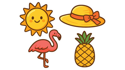 A colorful cartoon illustration of summer icons including a smiling sun, flamingo, hat, and pineapple.