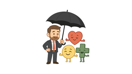 Man in suit shields cheerful abstract figures under umbrella, symbolizing protection and care.