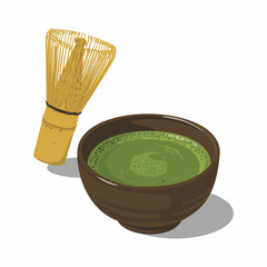 Japanese Matcha Green Tea Vector Illustration Isolated. Matcha Bowl and Whisk Illustration Vector