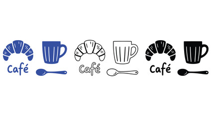 A set of colorful cafe icons with croissants and coffee cups on a white background