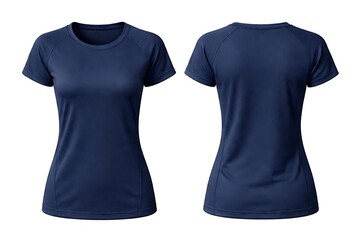 Women's navy blue athletic t-shirt mockup, front and back view, Isolated on white background.