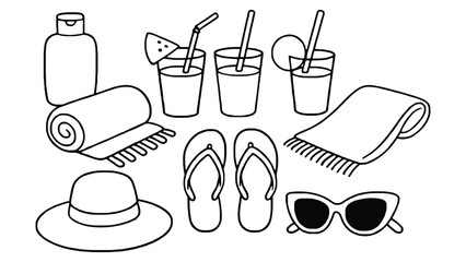 A colorful illustration of summer vacation items on a white background