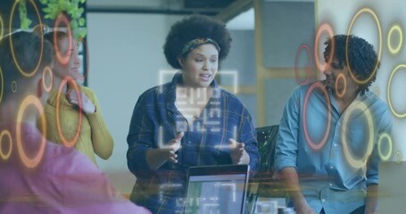 Animation of qr code and data processing over diverse business people in office - Powered by Adobe