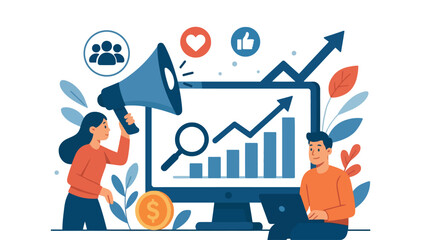 A man and woman using a computer and megaphone to analyze business growth and marketing strategy