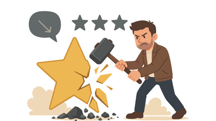 A cartoon man smashing a star with a sledgehammer in frustration and anger
