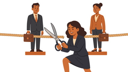 A woman in business attire cuts a rope separating a man and woman on a tightrope