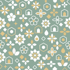 北欧モロッカン調 フラワー＆幾何学タイル柄背景（グリーン）ー くすみグリーンを背景に、北欧とモロッカン調を融合した花と幾何学モチーフのシームレスパターン。デザインペーパー、ポストカード、マスキングテープ、マスキングシールブックタイプ、フレークシール、ノートの表紙、ハンカチ、ミニタオル、箸、マグカップ、皿、キッチンクロス、カラトリー、キッチン雑貨、ボールペン、ペンケース、ポーチに最適。