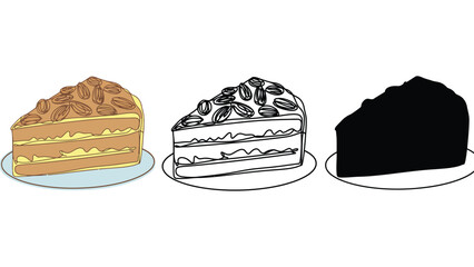 An illustration of three slices of cake with different designs and colors on plates