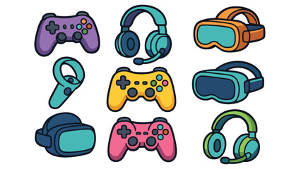 A colorful illustration of various gaming controllers and virtual reality headsets on a white background