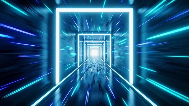 Nested square tunnel with white frames and blue cyan dynamic light trails