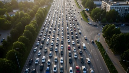 Aerial view of a multilane highway congested with many cars during rush hour. Traffic jam, city life, transportation problem, urban planning concept for road.