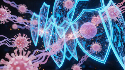 Dynamic digital concept illustrating vibrant blue protective shields actively deflecting attacking pink viral particles, representing robust immune system activity and health defense mechanisms
