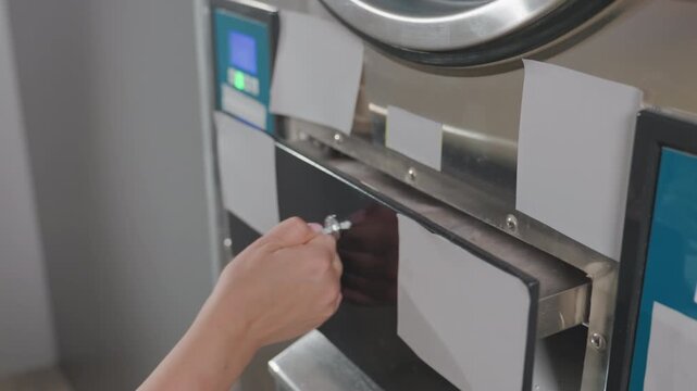 High angle view staff hands unlocking washer filter drawer with key, removing filter, wiping interior, ensuring maintenance and hygiene inside laundromat with machines during routine service