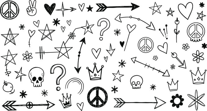 Hand drawn doodle symbols collection with arrows hearts stars crowns skulls peace signs and sketchy decorative elements