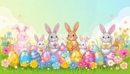 Colourful easter banner with bunnies, eggs and flowers.