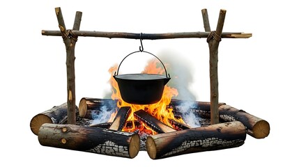 Campfire cooking with a hanging pot illustration