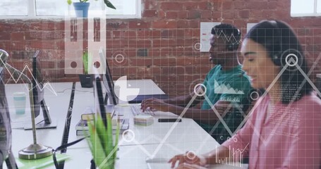 Animation of cloud in laptop, graphs, diverse customer service representatives working in office - Powered by Adobe