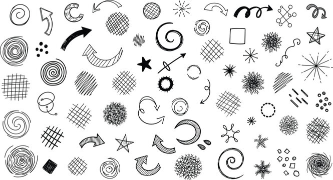 Abstract hand drawn doodle shapes and arrows collection with scribbles spirals stars and sketchy decorative elements