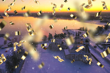 Naklejka premium christmas confetti holiday background, winter landscape outdoor, new year