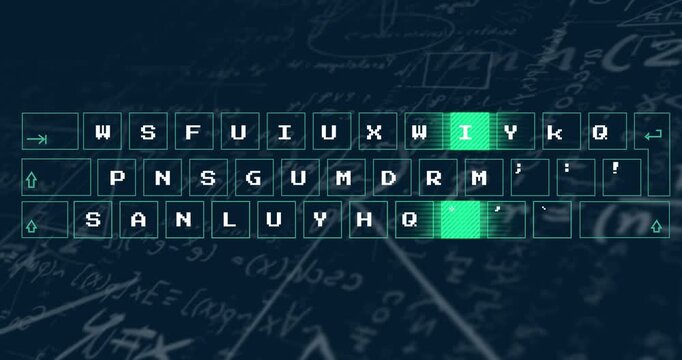 Animation of digital keyboard over mathematical equations on black background