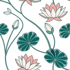 Obraz premium Elegant pink lotus flower and leaf seamless pattern vector illustration for wallpaper textile and background design