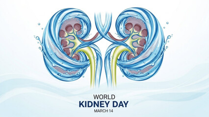 World kidney day illustration with human kidneys and water flow raising awareness for kidney health