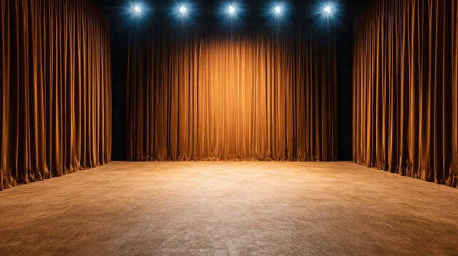 Award Season Vibes Empty theater stage with golden brown velvet curtains illuminated by bright spotlights Brit Awards Music Awards Celebration Theme
