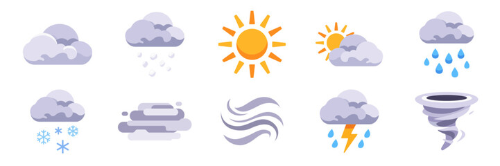 Weather symbols set with Cloud, Fog, Hail, Partly cloudy, Rain, Snow, Sun, Thunderstorm, Tornado, Wind, colorful collection, vector flat style illustrations
