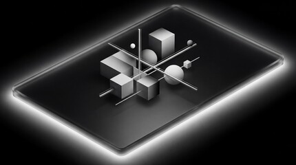 3d rendering of geometric shapes on a glowing black tablet screen with a dark background
