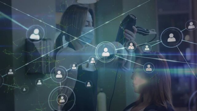 Animation of network of connections with icons over caucasian hairdresser in face mask