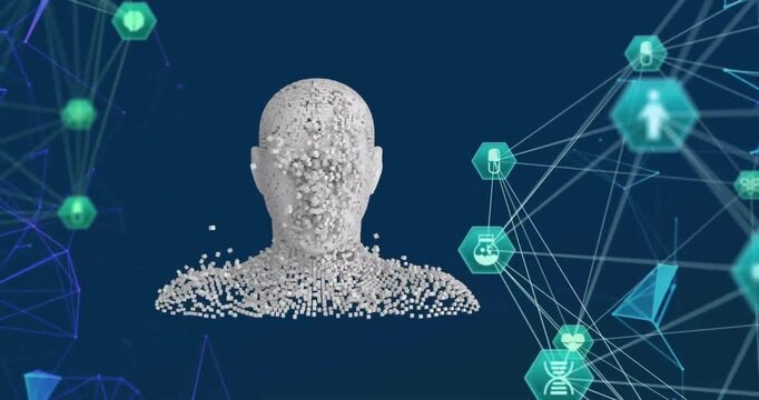 Animation of network of connections with icons over human bust