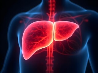 Digital X-ray Human Liver Anatomy with Glowing Red Color &ndash; Liver Health Awareness Concept.