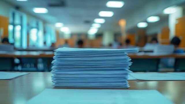 Stack of exam answer sheets and application documents on an office desk, with a blurred background of a classroom or university setting where students are taking a test. Banner. Copy space
