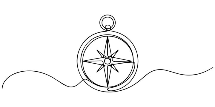 Travel compass continuous one line drawing, minimalist line art vector illustration, Magnetic compass continuous one line drawing. Land, sea, navigation, geography compass single line art illustration