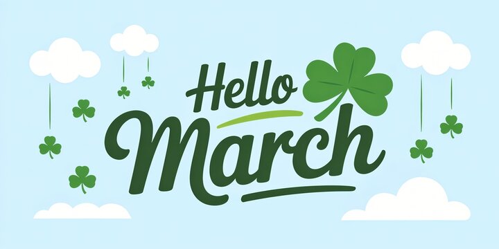 Hello March sky illustration with green shamrocks and bold cursive lettering
