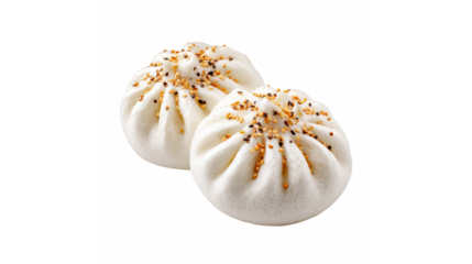 Two delicious steamed buns topped with sesame seeds and seasoning on a black background