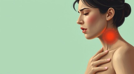 Fototapeta premium side view of woman experiencing sore throat pain against plain green background