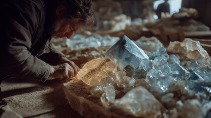 鉱物を掘り出す研究者