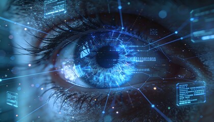 Futuristic Eye Scanned by Digital Information Stream in a High Tech Future, Exploring Technology, Science and Biometrics with Data Display Overlays (185)
