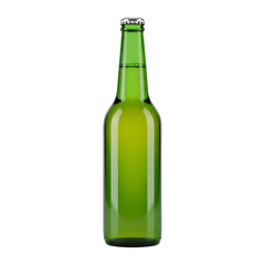 Full Green Glass Beer Bottle with Silver Crown Cap and Condensation Isolated on a Pure White Background