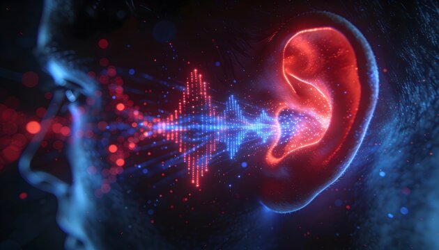 Futuristic Hearing: A Person's Ear Encased in Glowing Red and Blue Light, Sound Waves Radiating Towards it, Representing Audio Technology and Sensory Perception