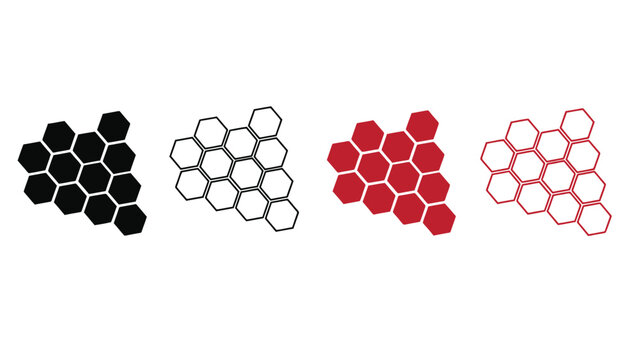 A set of four hexagonal patterns in different colors on a white background