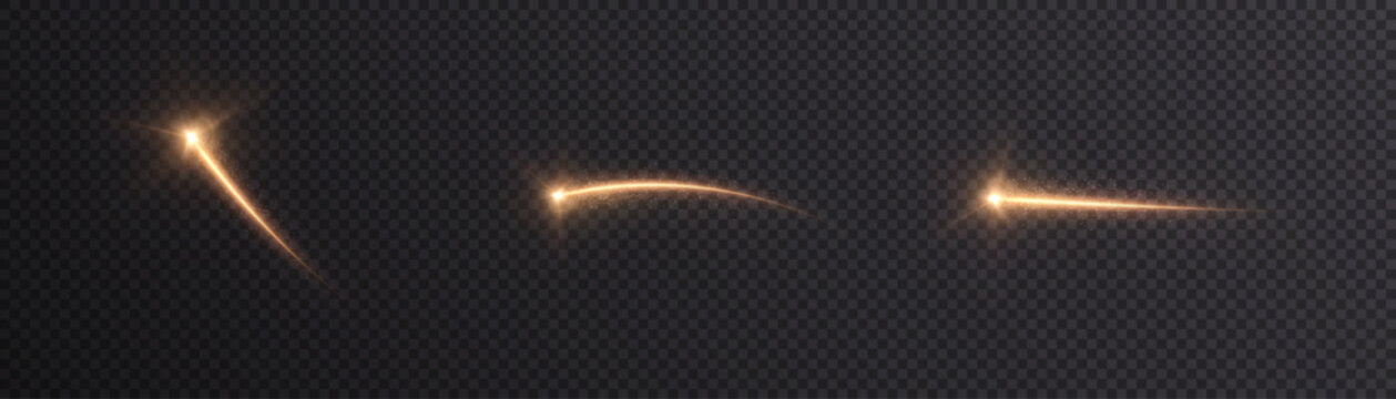 Golden glowing comet stripes with sparkling particles, isolated on a dark background. Vector light effect for magical flares, festive accents, lens flares, and overlays.
