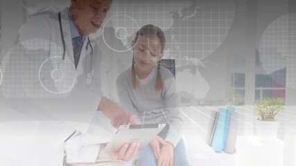 Doctor pointing at tablet while girl exploring medical data with world map overlay and stethoscope - Powered by Adobe