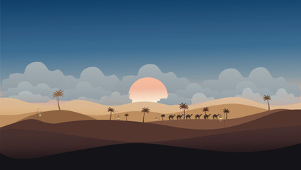 Peaceful Islamic Desert Landscape with Desert Sunset with Camel Caravan and Palm Trees.
